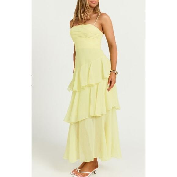 NEW Saints & Secrets Yellow Tiered Midi Dress Size Small - Picture 1 of 6